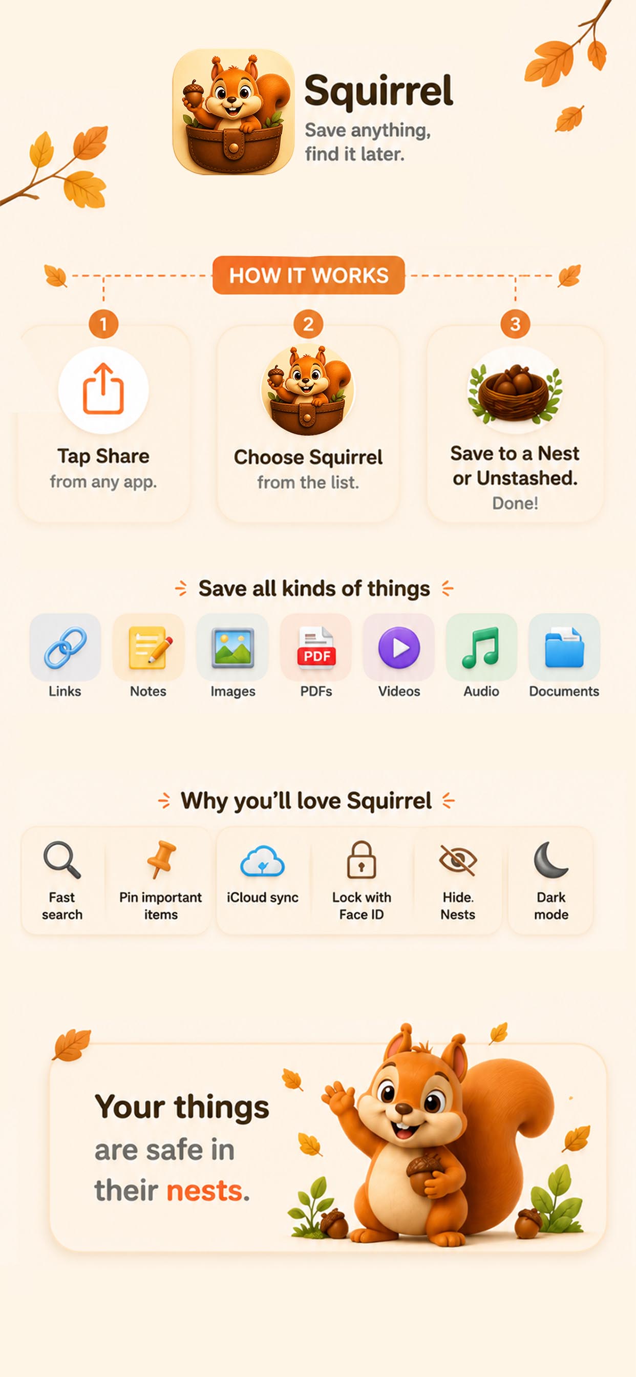 Squirrel App Store screenshot showing how saving from the iOS Share Sheet works