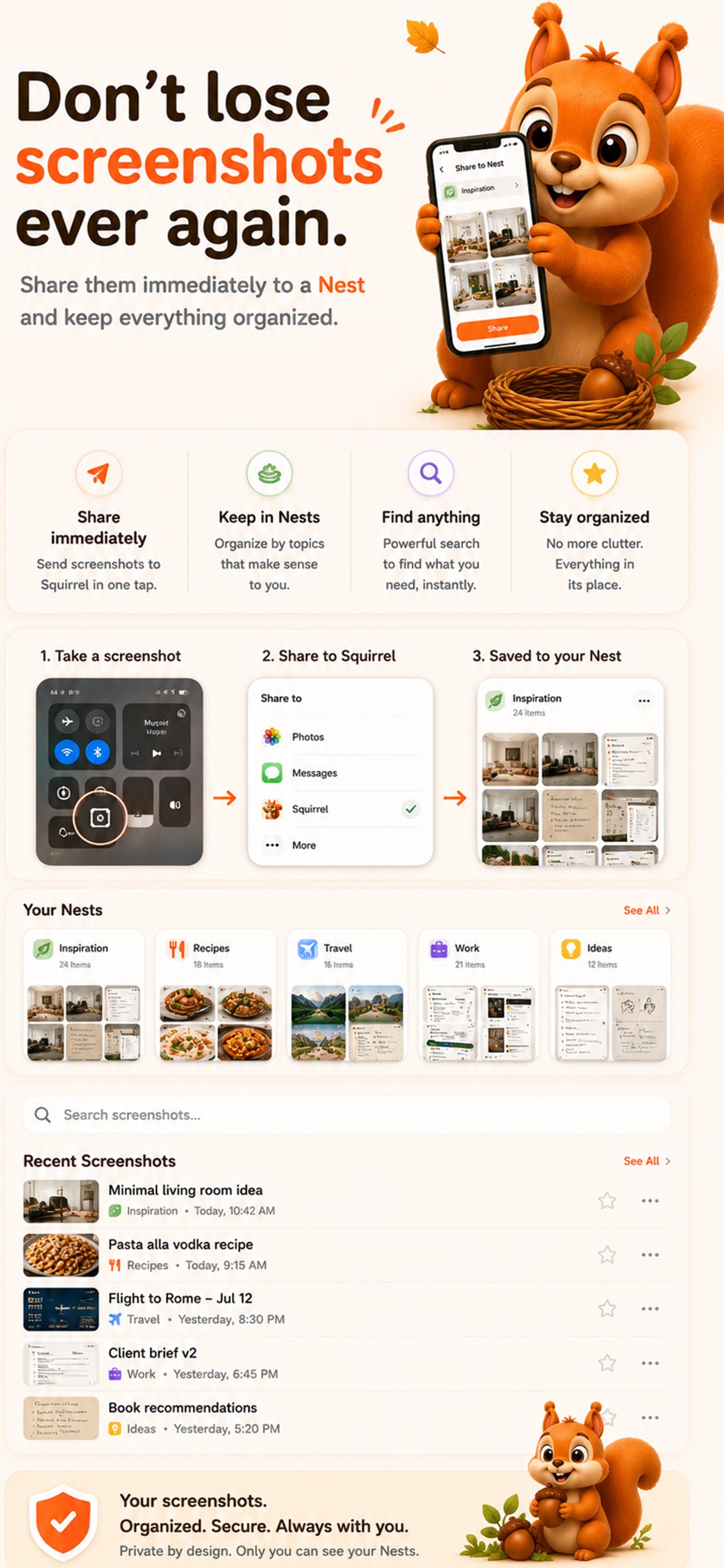 Squirrel App Store screenshot showing screenshot organization into Nests